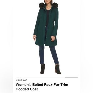 Cole Haan Belted Faux Fur Trim Hooded Coat